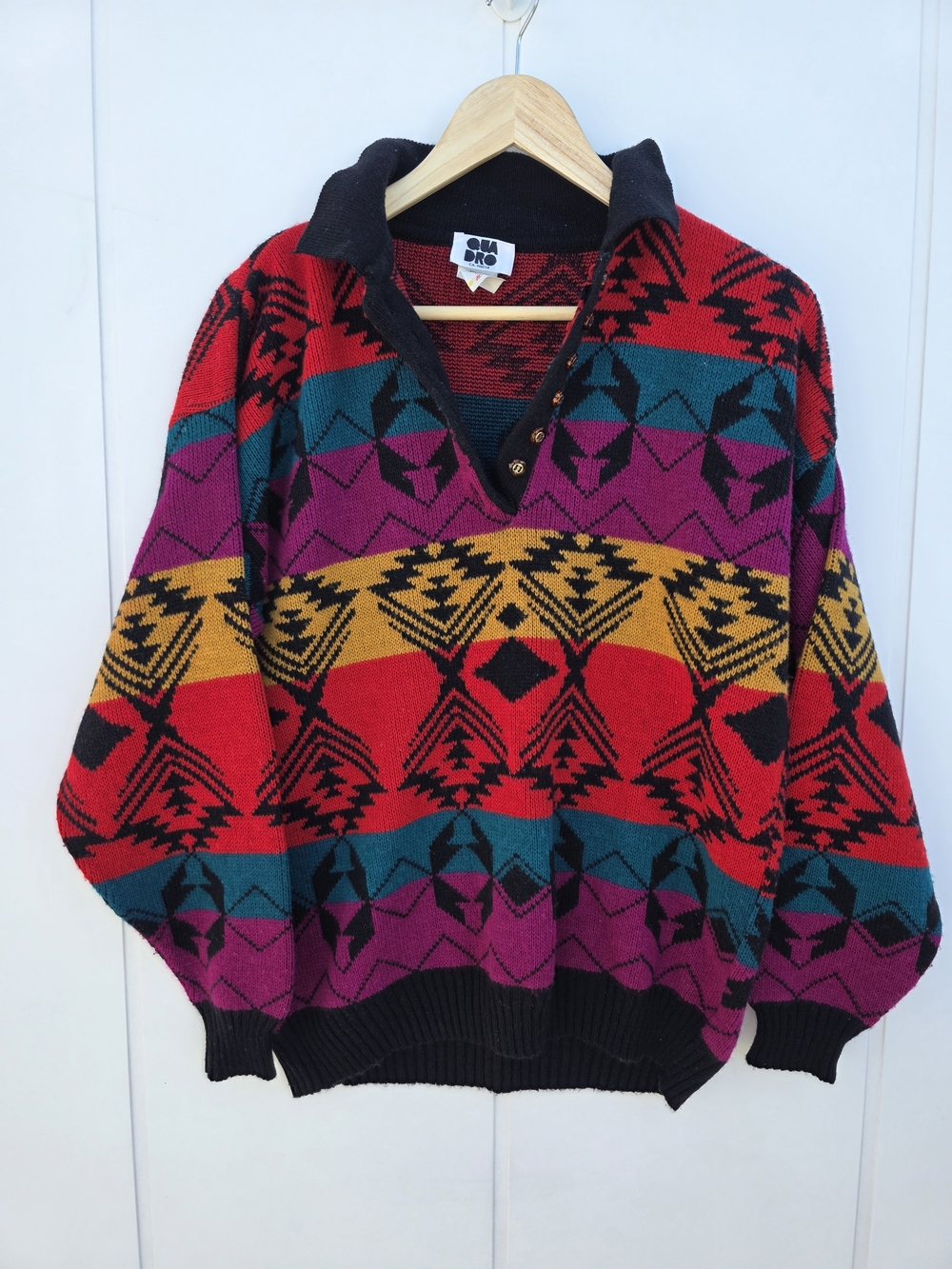 Vintage Qua Dro Geometric Acrylic Wool Colorful Knit Sweater Womens Medium